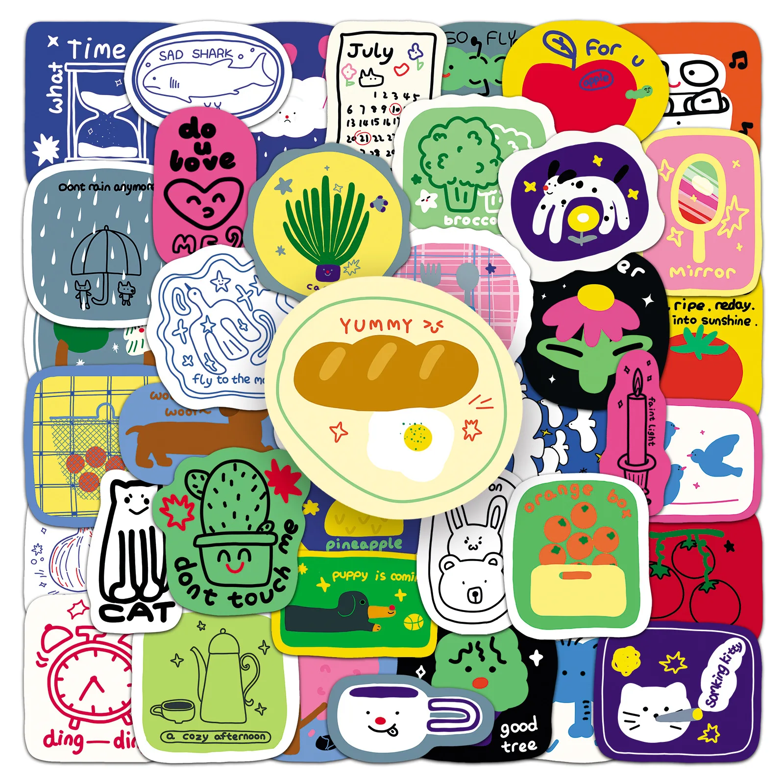 50 PCS Cartoon Fun Student Hand Drawn Simple Line Colorful Hand Account Material Stickers Decorate Helmet Diary Waterproof Decal