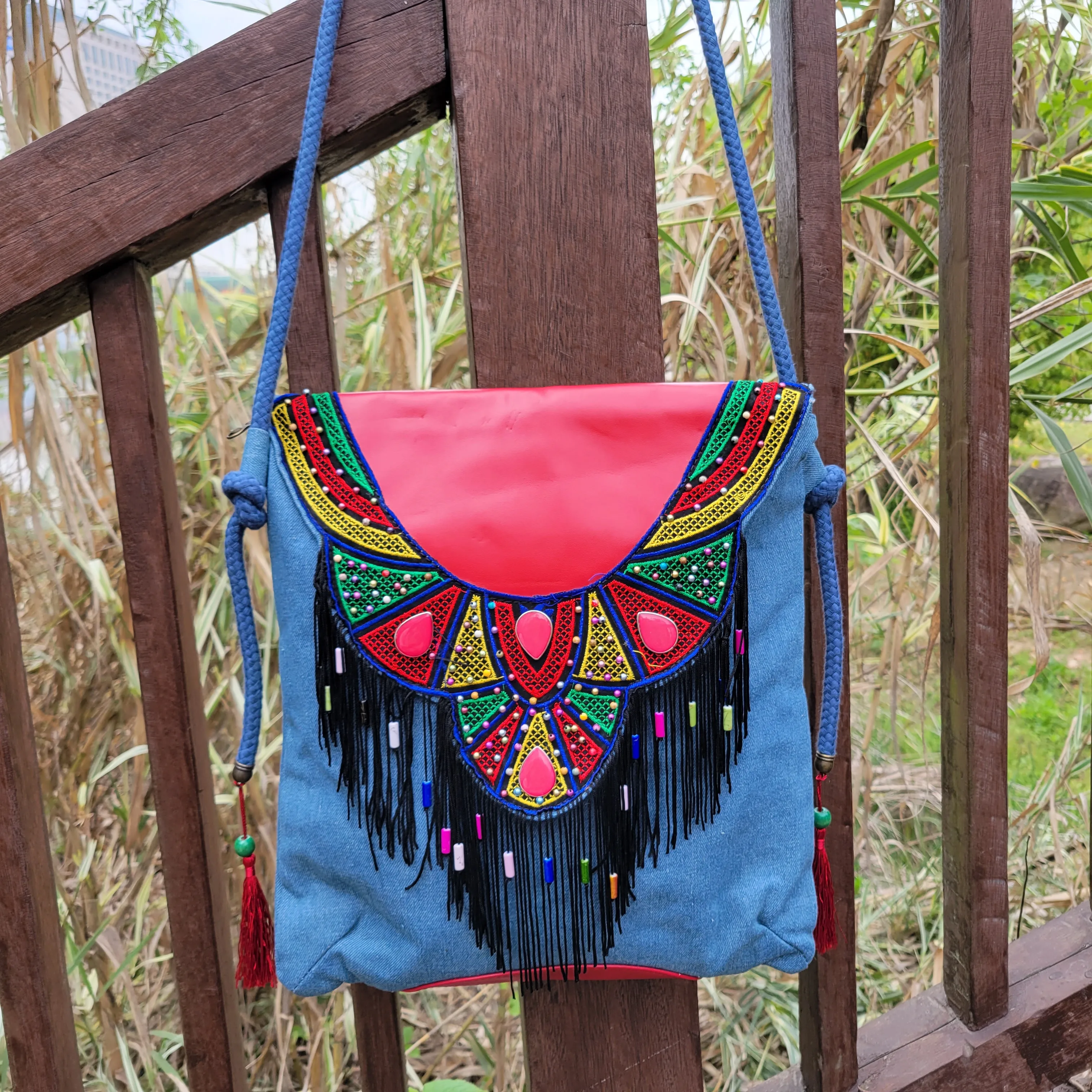 New Fashion Women's bag Summer tassels bags Bohemian 100% cotton Handmade women's leather shoulder bag Blue crossbody bag