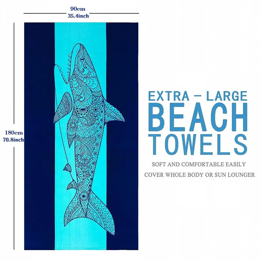 Shark Turtle Print Large Beach Towel 35.4x70.8inch Ocean Animal Pattern Soft Absorbent Quick Dry Towel for Swimming Surfing Pool