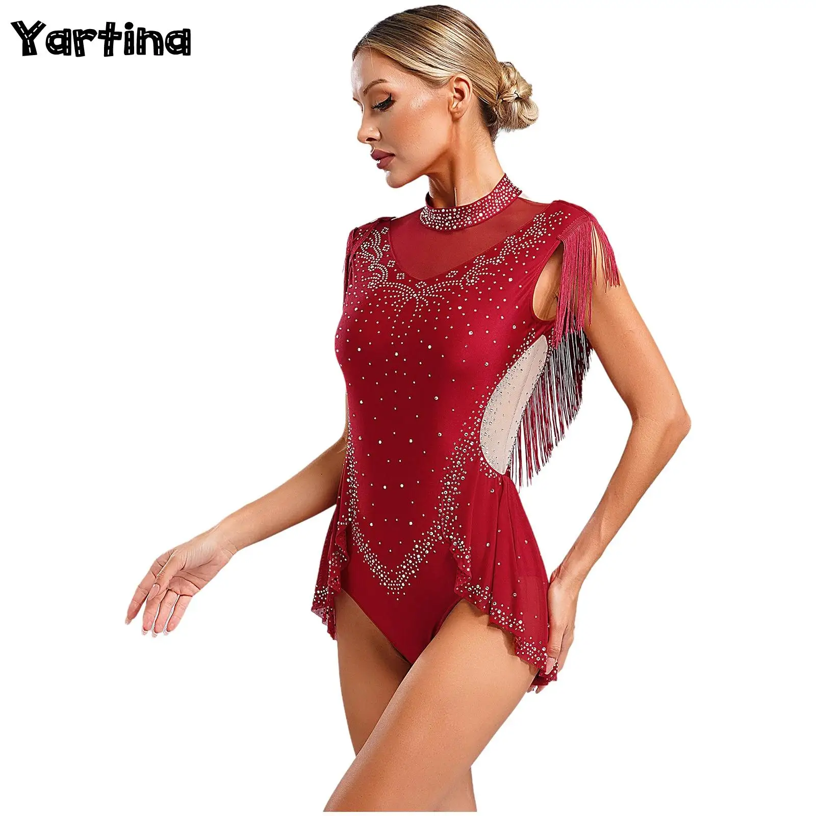 

Womens Shiny Rhinestone Gymnastics Ballet Jersey Figure Skating Costume Sheer Mesh Tassel Lyrical Dance Leotard Skirted Jumpsuit