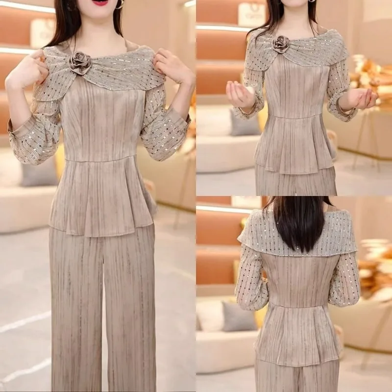 

Новый роскошный модный костюм для женщин: элегантная блузка с длинным рукавом, украшенная 3D цветами и пайетками + брюки с широкими штанинами, весенний комплект в стиле «легкий шик»