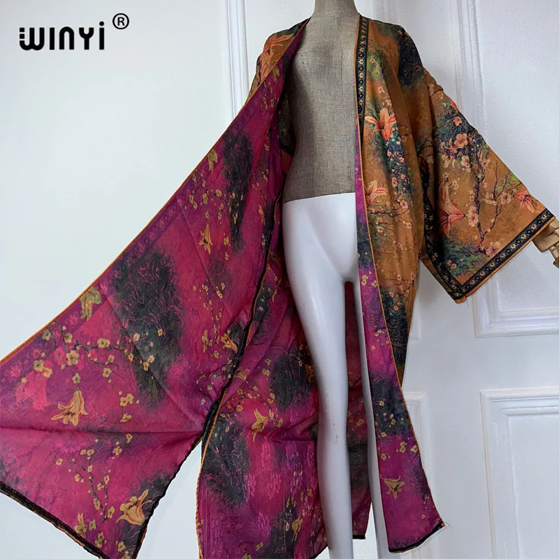 WINYI jesienna wysokiej jakości dwustronnie drukowana jedwabna sukienka plażowa kardigan w stylu Boho elegancka seksowna wakacyjna Kimono z długim