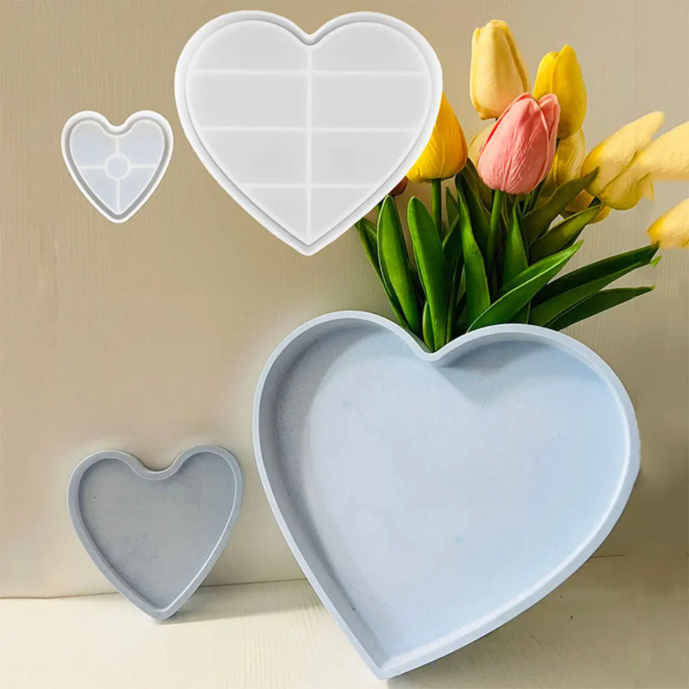 Big Heart-shaped Tray Concrete Mold Rose Storage Box Cement Candle Holder Trinkets Gypsum Dish Silicone Resin Molds Candlestick