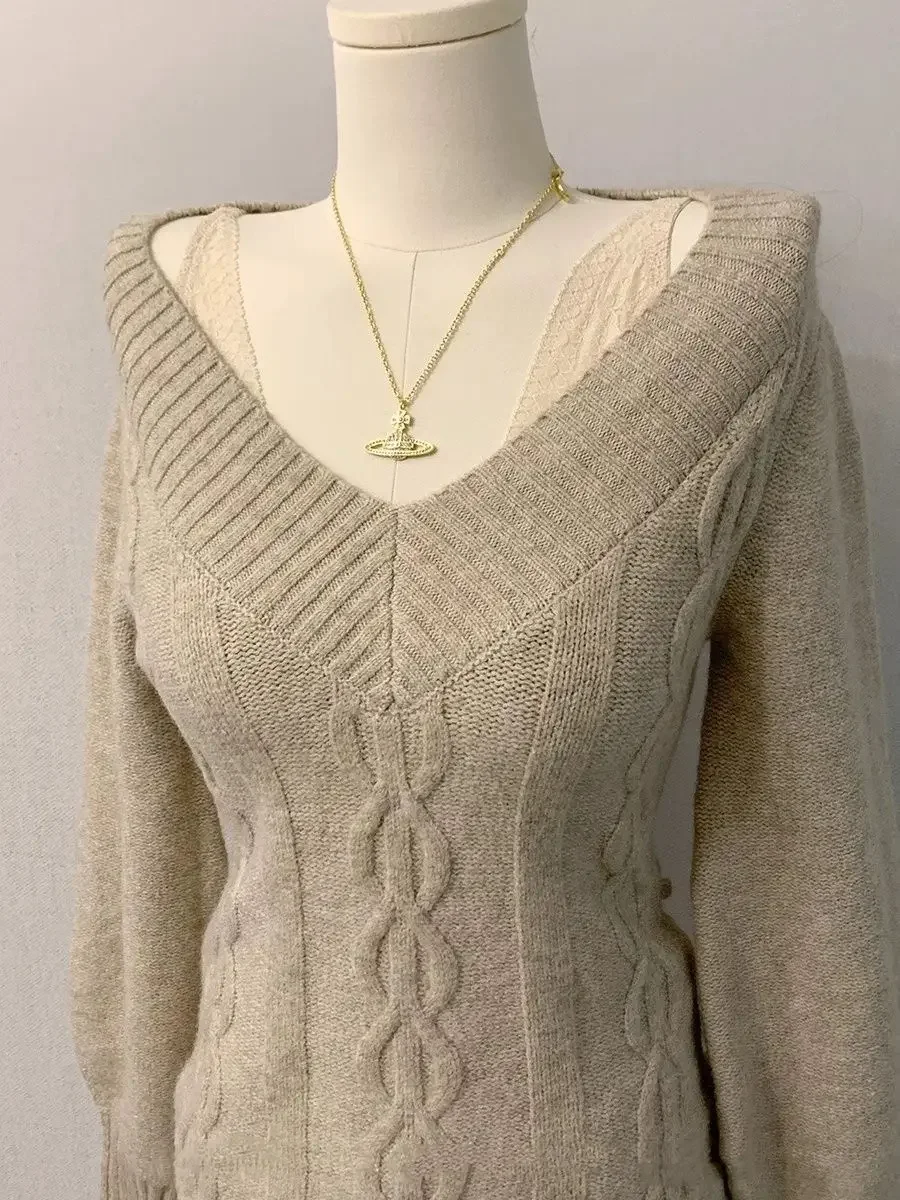 Chic Gothic Slim Sexy Knitted Sweater Soft Pullover Fairy Grunge Long Sleeve Skinny Tops Y2k Design Streetwear V-neck Jumpers