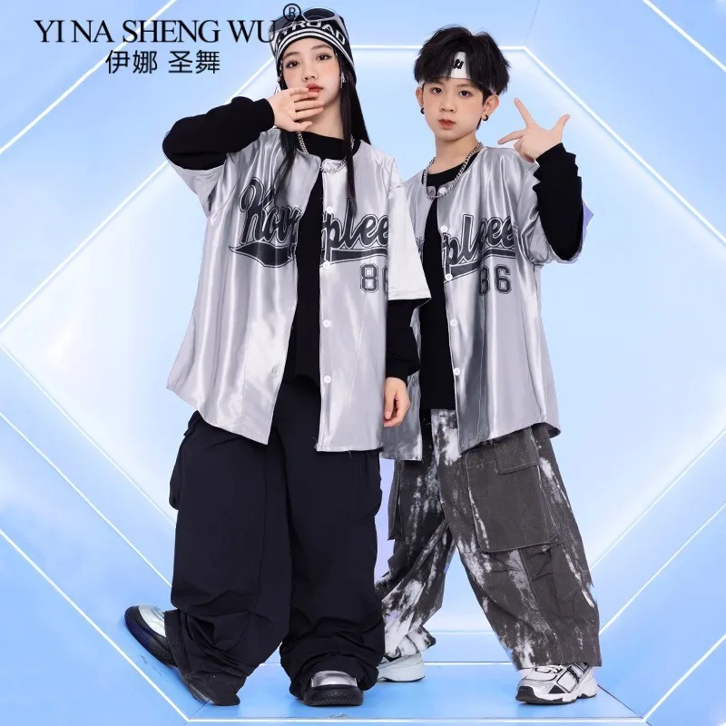 الأولاد أزياء الرقص الفتيات ملابس الجاز الهيب هوب أداء ارتداء بدلة فضية مع بنطلون أسود أطفال طبل عرض زي الحفلات #1