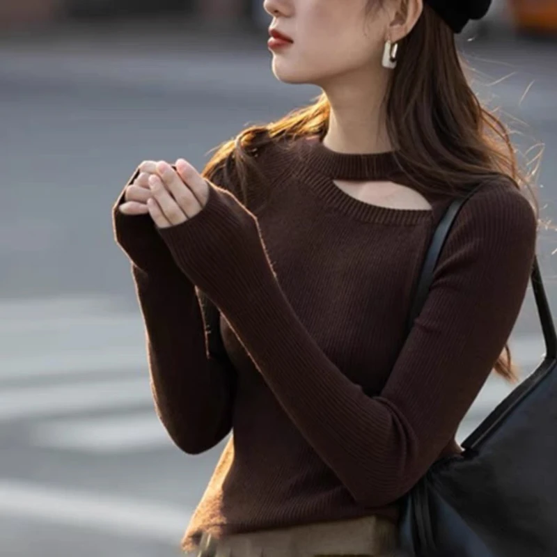 

High Elastic Irregular Hollow Design Coffee-colored Knitted Warm Women's Merino Wool Sweater
