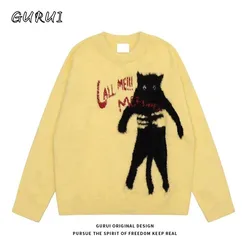 INS Funny Y2K Captured Black Cat Cartoon Sweaters Jumpers O-neck Loose Couples Kawaii Pullover Hip Hop Streetwear Winter Clothes