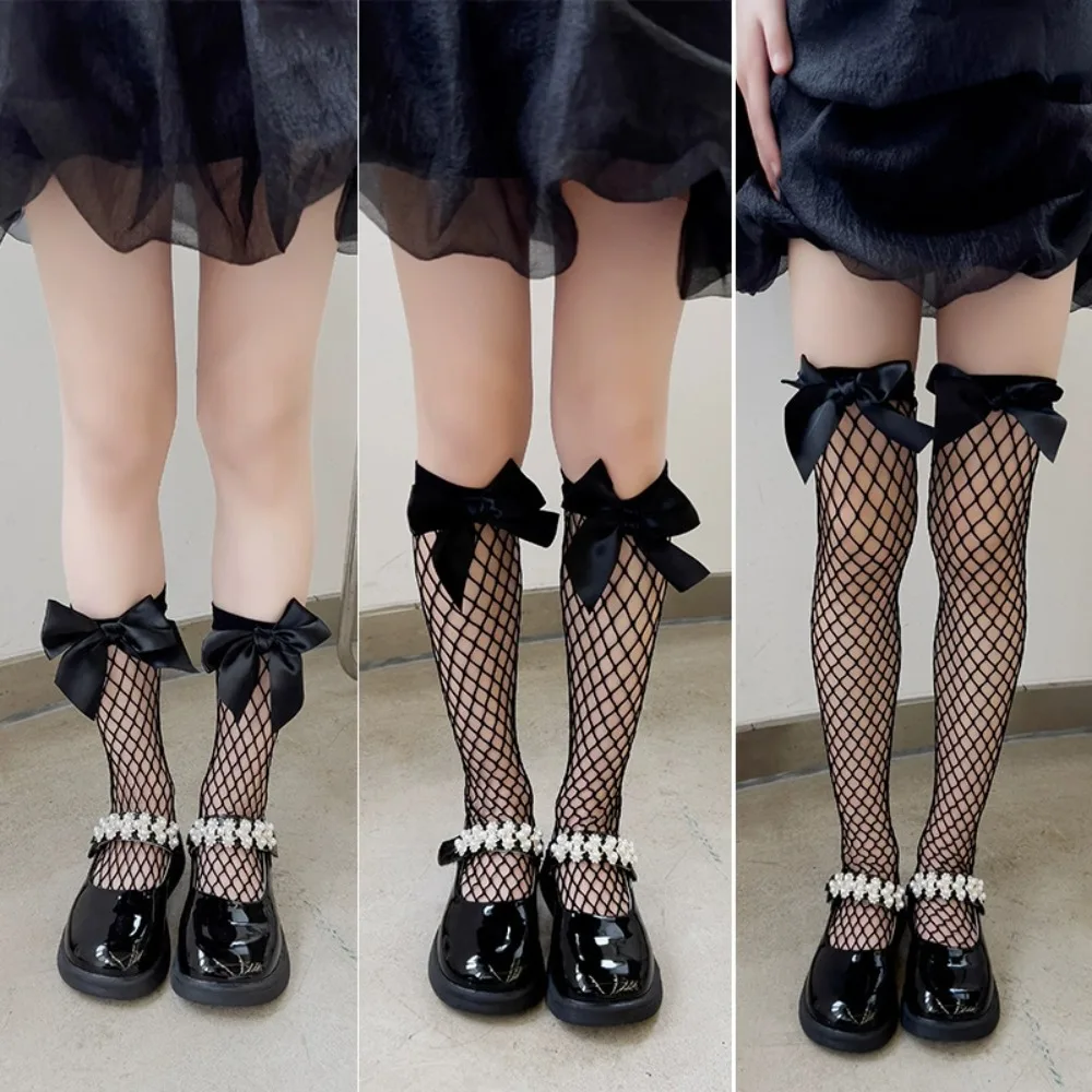 1 Pair Summer Calf Sock for Children Girl Fashion Lace Lolita Bow Ruffle Knee High Sock for Kids Thin Fishnet Breathable Sock