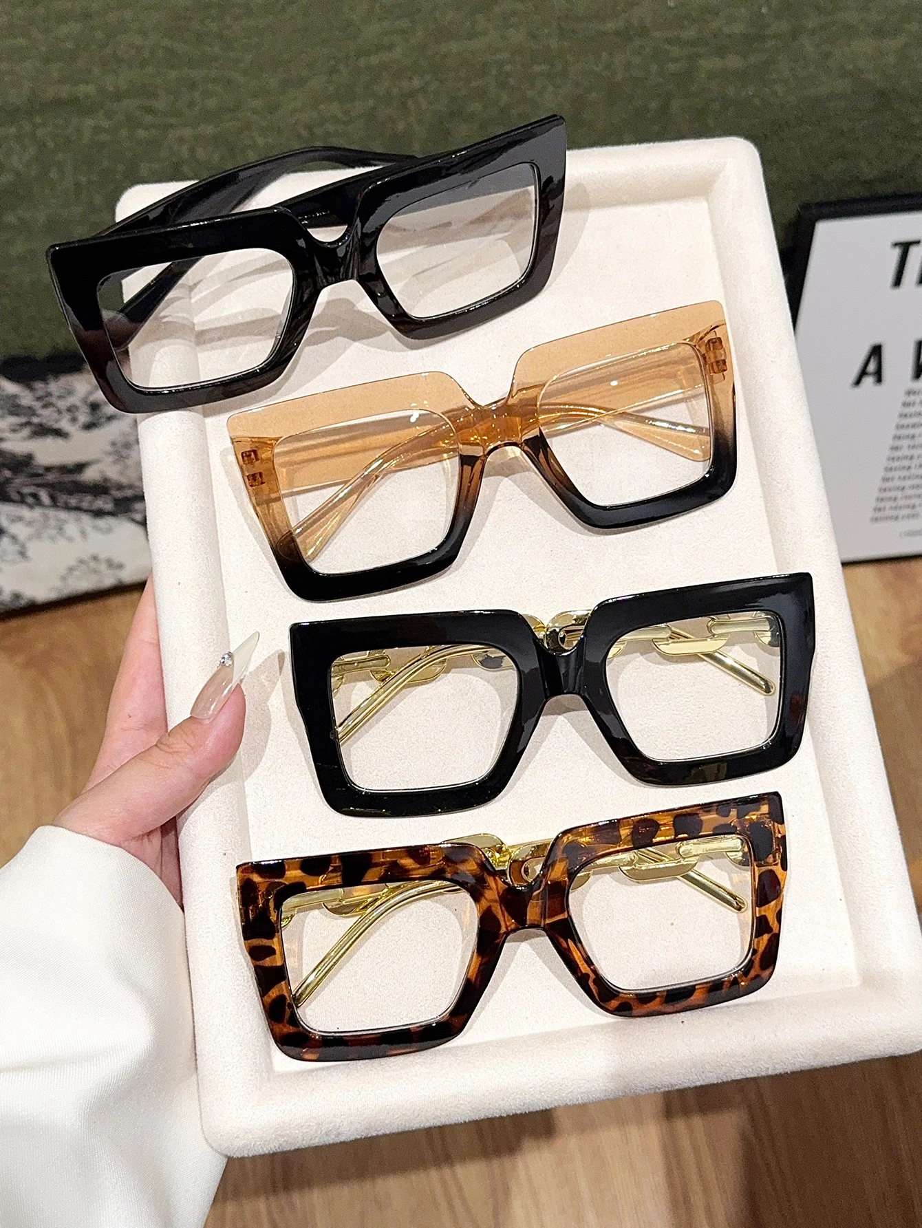 4-teilige Damen-Brille mit übergroßem quadratischem Rahmen, modische schwarze Brille, Schildpattbrille, modische Outfits, Weihnachtsgeschenk – Detail 2