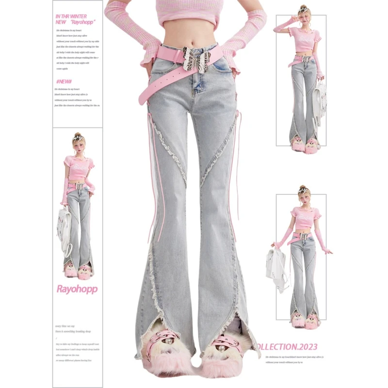 Retro lace-up design high waist slimming split denim flared pants women 2025 new fashion street niche unique design pants