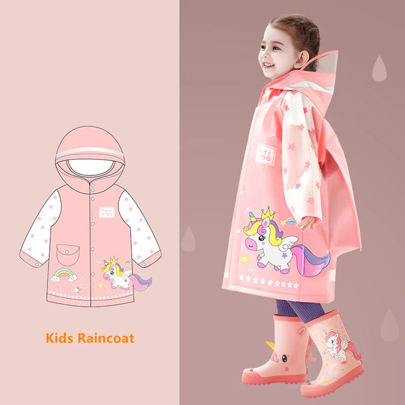 子供のためのバックパックの位置が付いているレインコート、子供のための雨の服、学生のためのrainwear、かわいい恐竜とユニコーン、レインコート