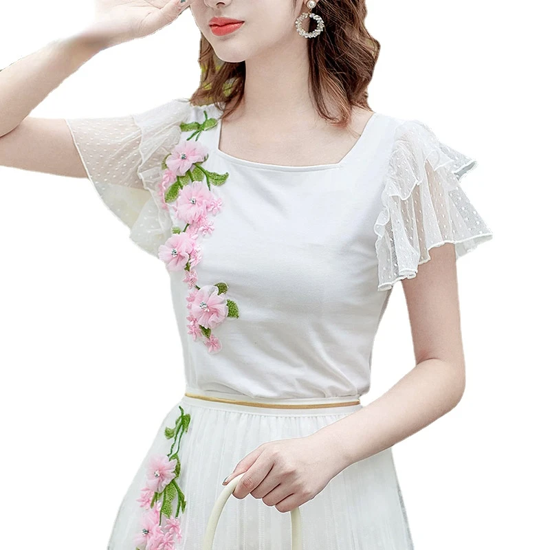 Women\'s Short-Sleeved T-shirt Fairy Lace Spring-Summer Top Square Collar Three-Dimensional Flower White Cotton Tees