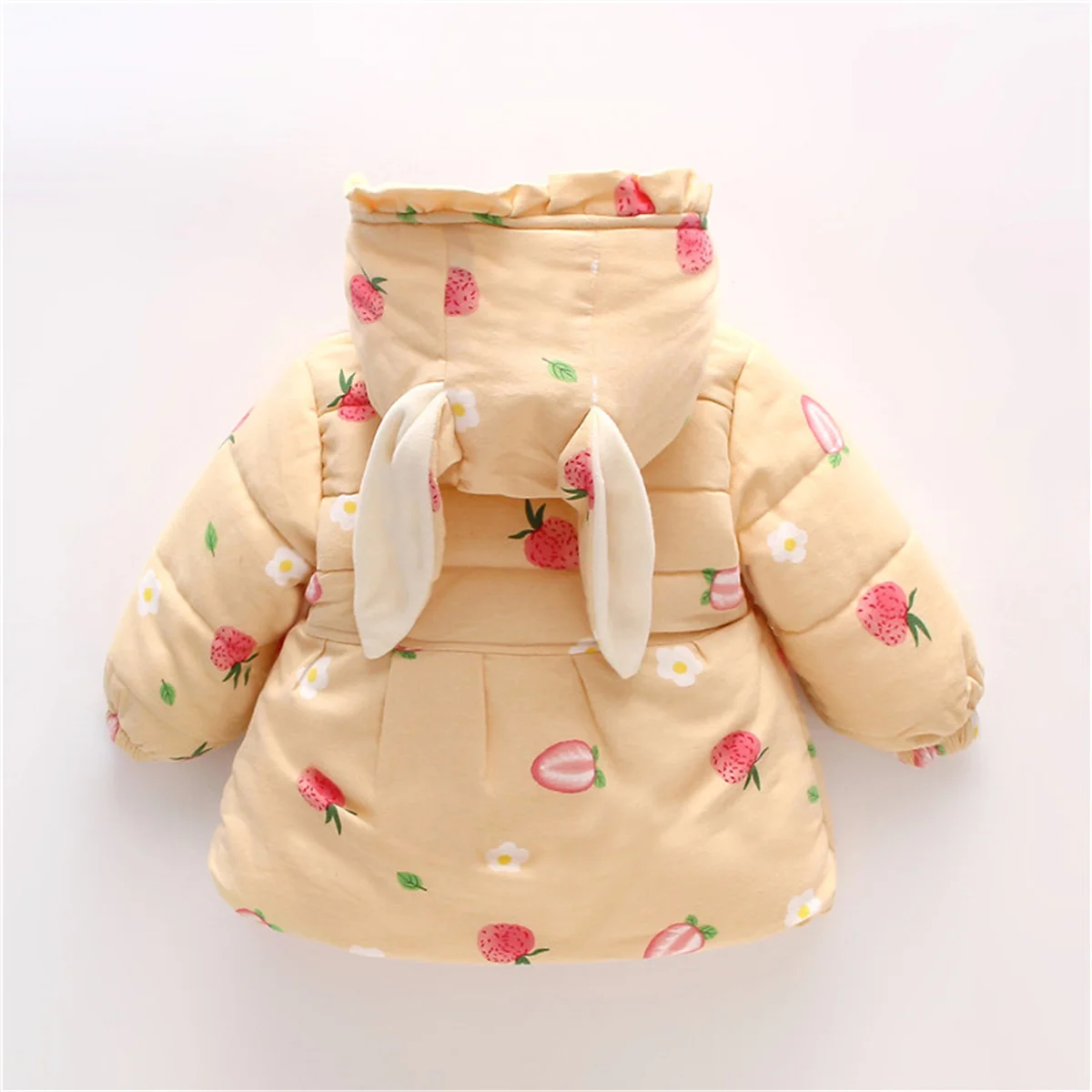 Winter Girls\' Cotton Coat Strawberry Bow Heart Pocket Rabbit Ear Button Hooded Cotton Thickened Sweet Coat