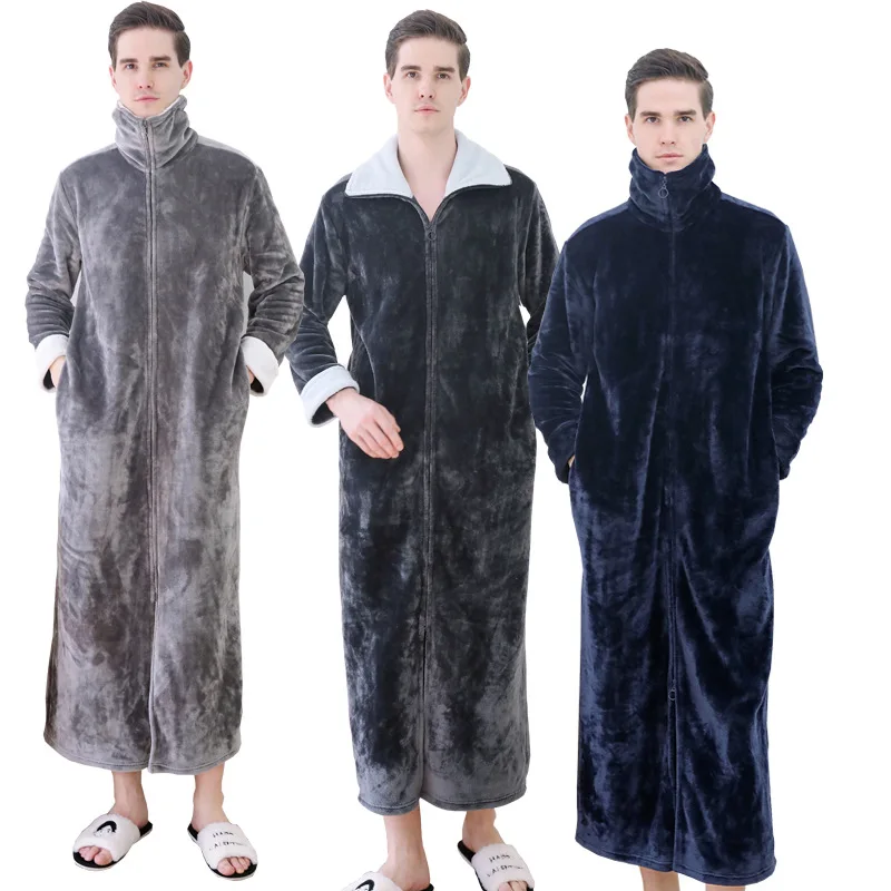 Men Winter Extra Long Thick Warm Bath Robe Plus Size Zipper Luxury Flannel Peignoir Pregnant Bathrobe Women Coral Fleece Robes