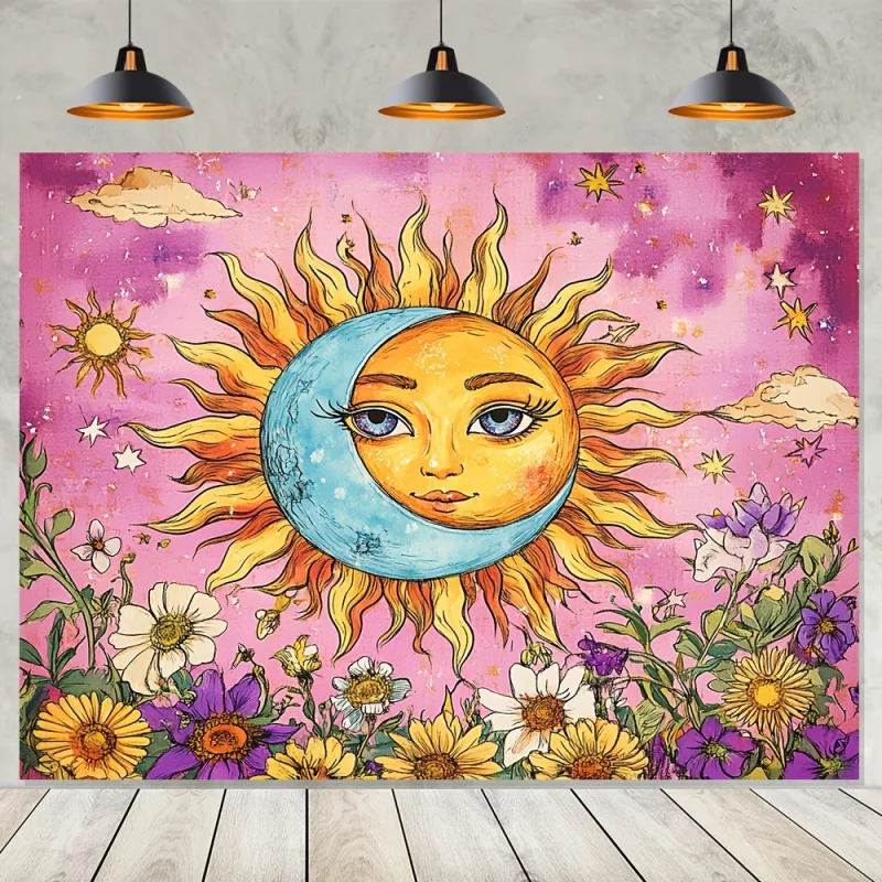 VIKAMA Bohemian Sun and Moon Floral Tapestry Wall Hanging Suitable for Living Rooms, Bedrooms, Gaming Rooms and Home Decor