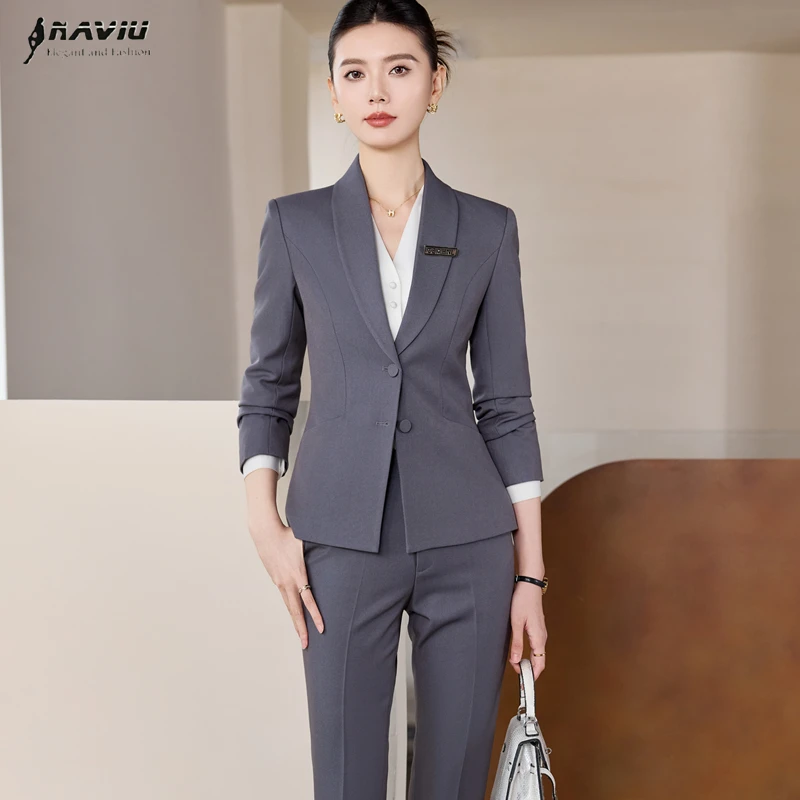 

NAVIU Elegant Slim Gray Women Suit Autumn New Style High End Feel Professional Wester Clothes Blazer And Pants Office Work Wear