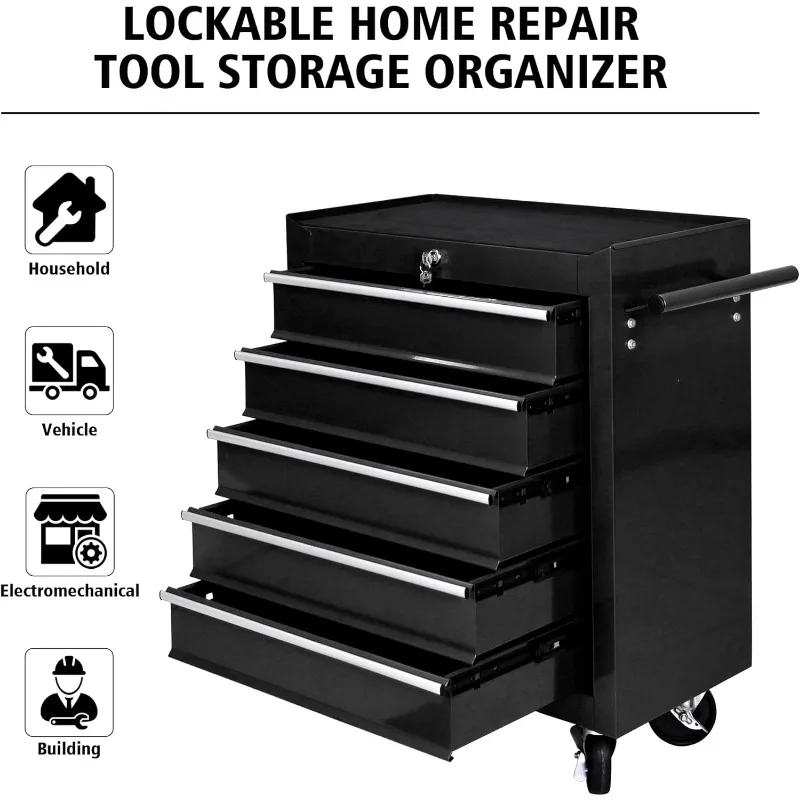 5-Drawer Rolling Tool Storage Cabinet with Detachable Tray, Multi-Functional Handles, Adjustable Shelves, Secure Locking System