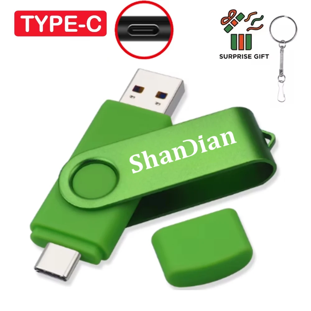 SAHNDIAN new 2in1 TYPE-C + USB 2.0 green 32GB Pen Drive Purple 64GB Rotatable Memory stick 16GB 8GB Flash Drive Gifts Key Chain