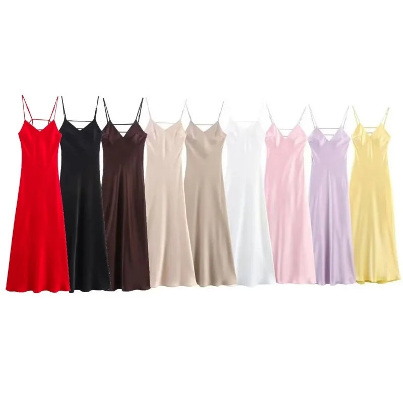 Verano Color sólido cuello pico seda satén Midi Sling vestido mujeres sin mangas espalda descubierta cremallera vestido de fiesta mujer Sexy ropa de vacaciones 2025