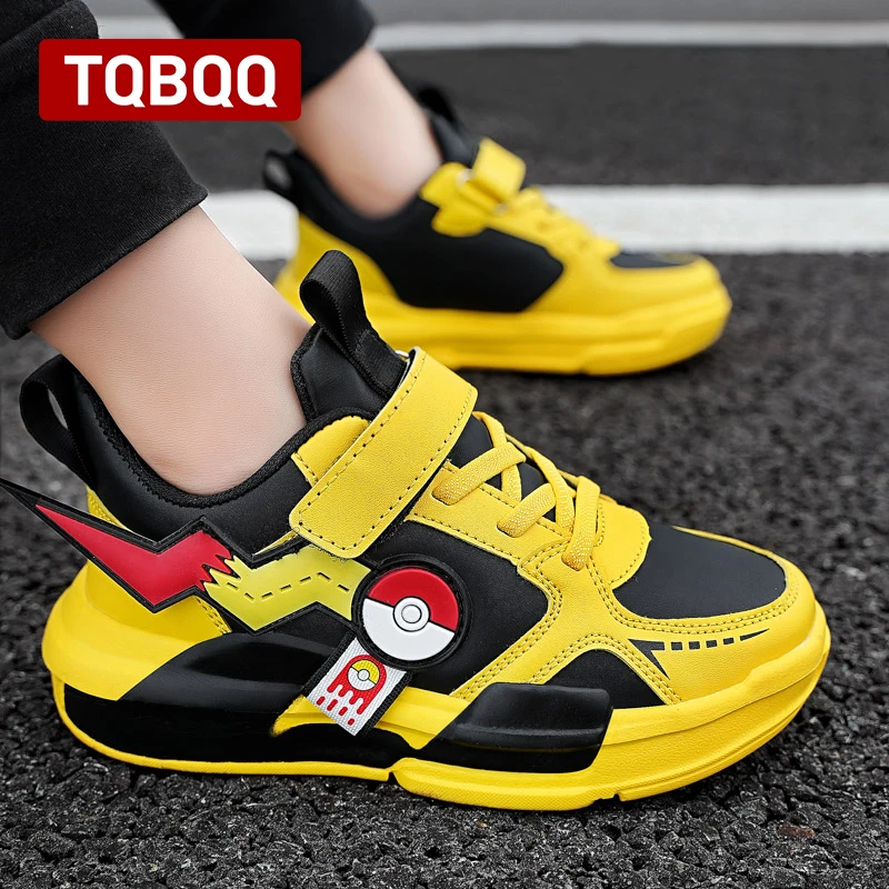 Kid\'s Leather Pikachu Sports Sneakers Boy\'s and Girl\'s Fashion Casual Shoes Children\'s Outdoor Slip On Sneakers