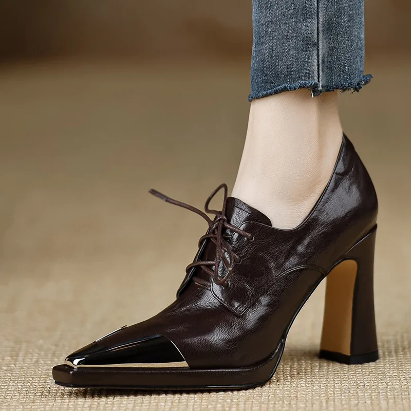 Temperament before lacing up professional deep mouth single shoes women 2024 fall new commuter square head chunky heels