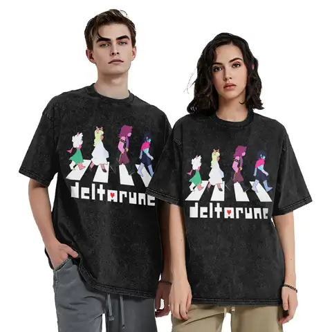 Deltarune Ralsei, Noelle, Susie, and Kris Abbey Road Washed T Shirts Pure Cotton T-Shirt Round Collar  Tees Short Sleeve Clothes