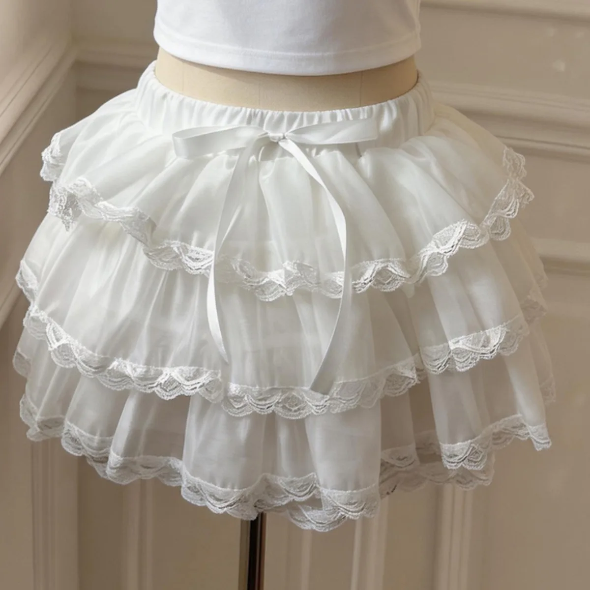 Pure Desire  Knot Puffy White Tulle Skirt Sweet Girl Cake Net Puffy Skirt Internet Famous Lolita Princess Style Skirt