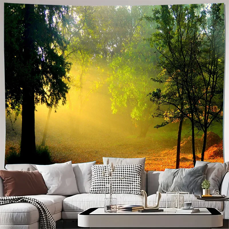 Morning Sunlight Forest Mist Landscape Wall Tapestry Machine Washable All Season Decor Art Print Nature Scenery Design Home