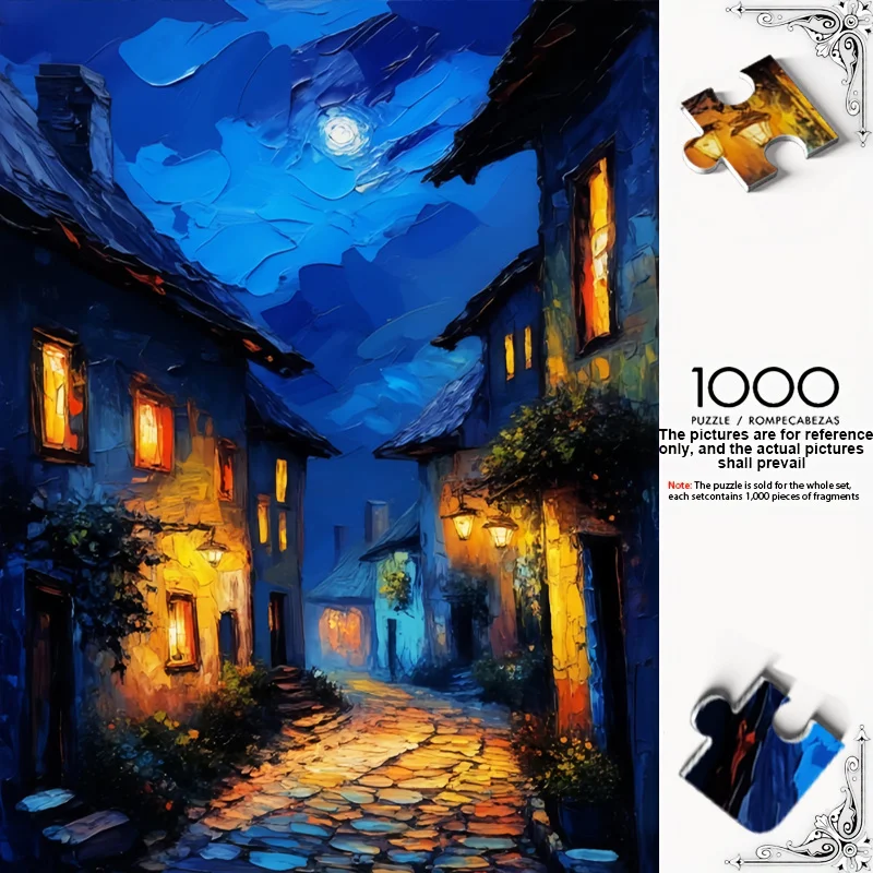 

1000pcs Van Gogh-Inspired Starry Night & European Night Alley Puzzle - Large-Scale Challenging 1000pcs for Adults & Families,