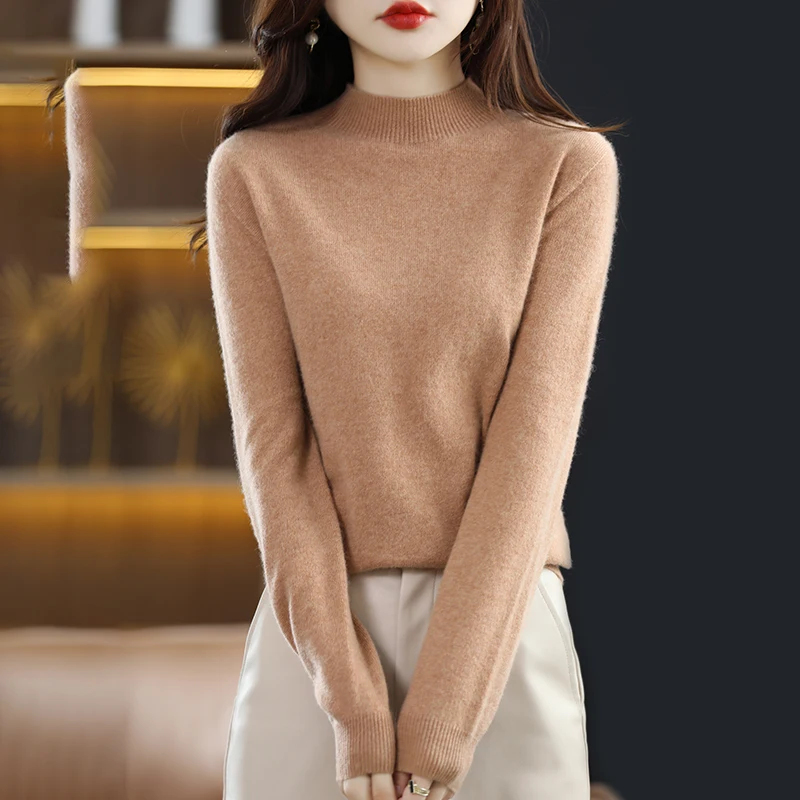 2024 New Half High Solid Color Cashmere Sweater Women Loose Pullover Autumn and Winter Basic Cashmere Sweater Women