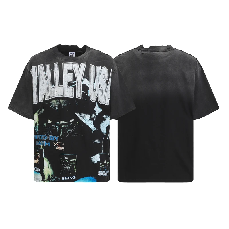 

Retro High Street V Rhinestone Bla White Print Waed Destroy Loose ex ort Sve T-irt Summer Youth Faion Cot...