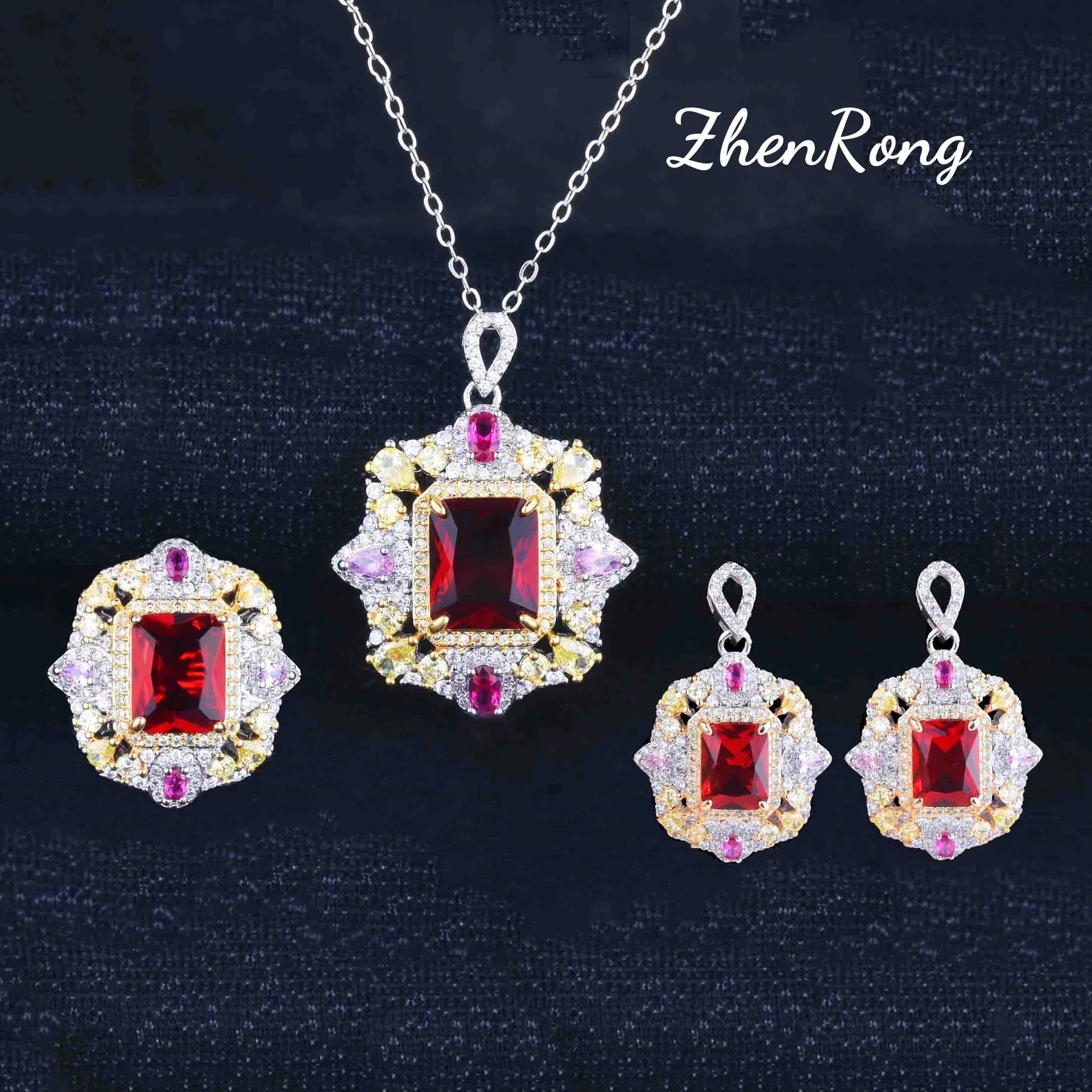 

Foydjew Luxury Designer High Quality Artificial Ruby Jewelry Sets Pendant Necklaces Earrings Rings Banquet Party Accessories