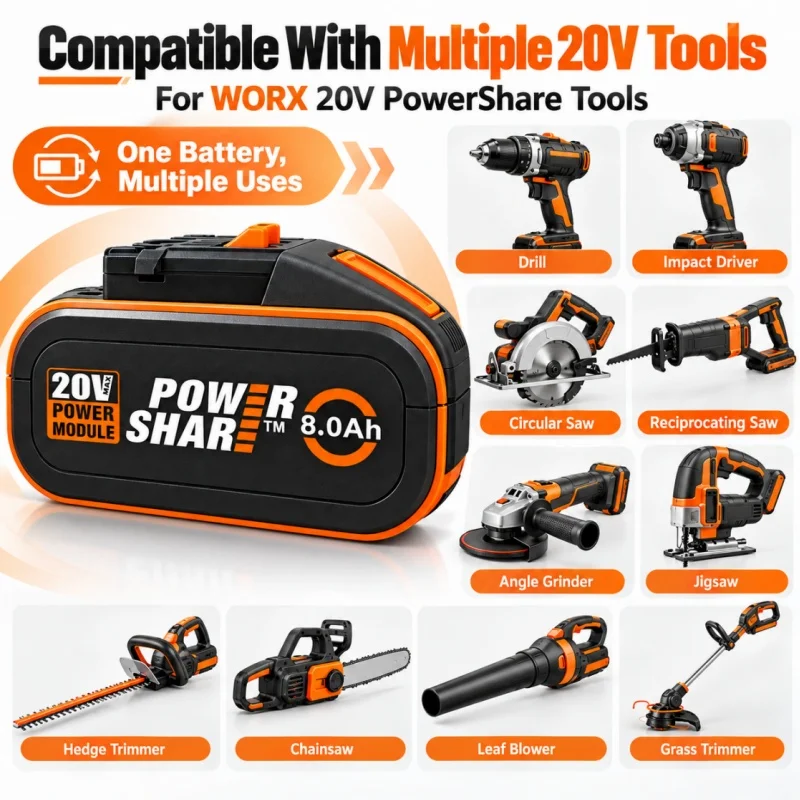100% Original Worx 20V 8.0Ah Lithium Battery Rechargeable WA3553 WA3551 WA3553.1 WA3570 for All WORX Electric and Garden Tools