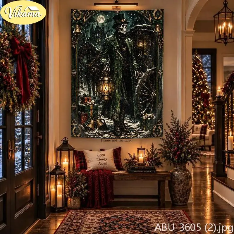 VIKAMA Dark Christmas Gentleman Skeleton Carriage Tapestry, Background Cloth, Living Room Party Wall Decor