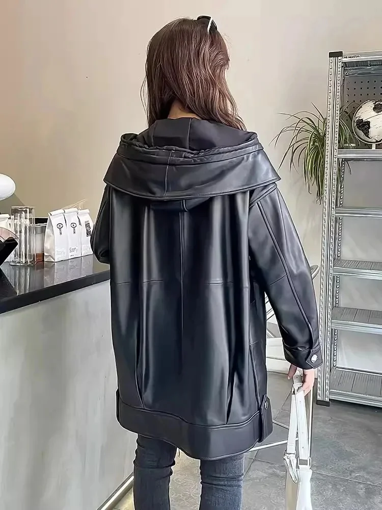 Autumn Spring New Genuine Leather Cargo Coat Women Hooded Mid Long Jacket Loose Fit Hip Hop Street Casual Sheepskin Windbreaker