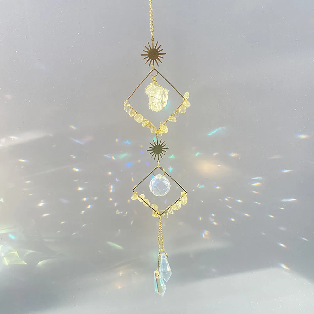 Custom Citrine Crystal Sun Catcher - Geometric Gold Frames Raw Stone Chip Hanging Ornament for Window Decor
