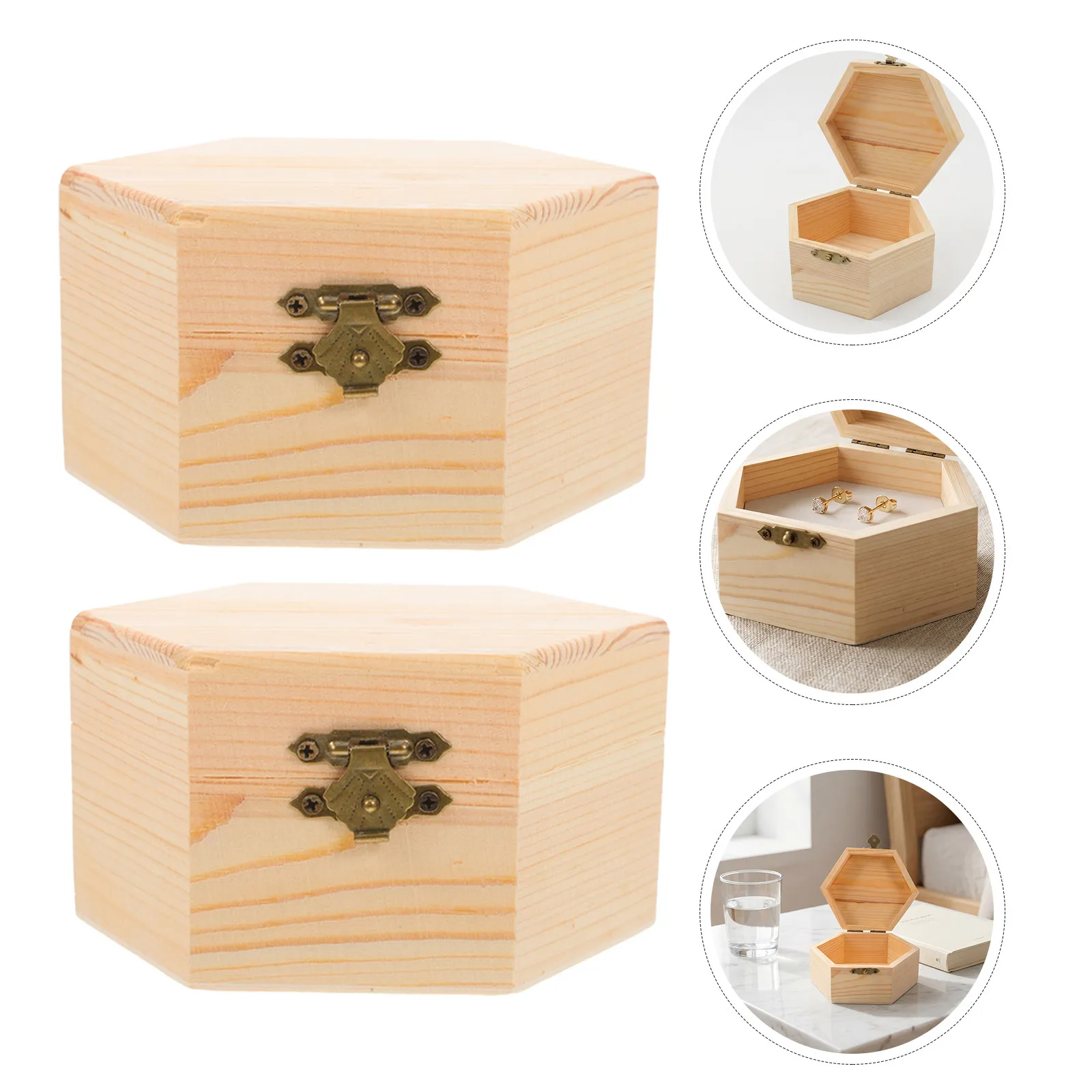 3Pcs Unfinished Wooden Trinket Box Hexagonal Small Jewelry Storage Box 3.54 Inch Built-in Dividers Flip Top Lid Rustic