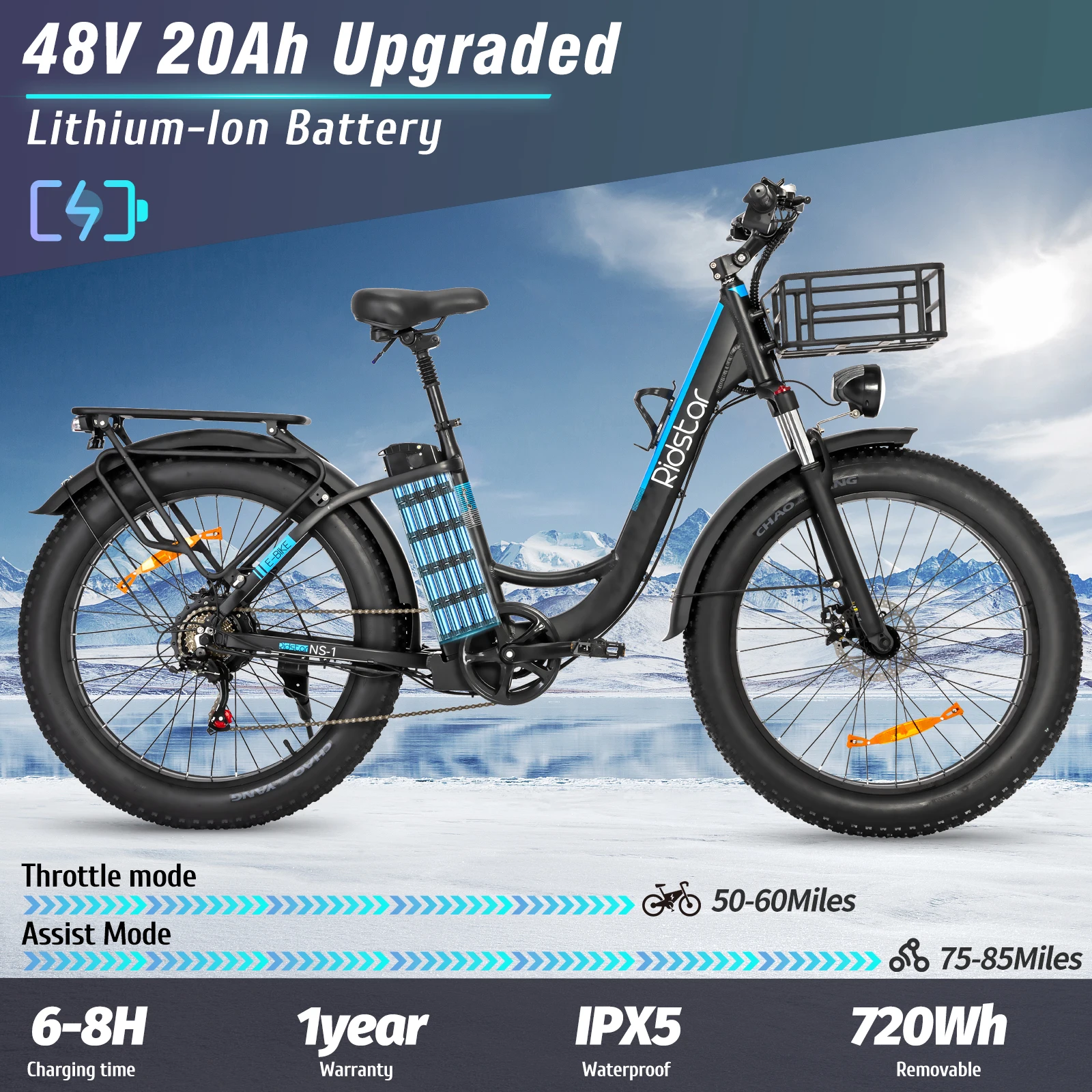Bicicleta eléctrica RIDSTAR MN26 para desplazamientos urbanos, con motor de 1500 W, batería extraíble de 48 V y 20 Ah, cambio Shimano de 7 velocidades, 57 km/h, frenos delanteros y traseros, neumáticos anchos de 26 x 4.0, ideal para principiantes, disponible en stock en la UE para 2026.