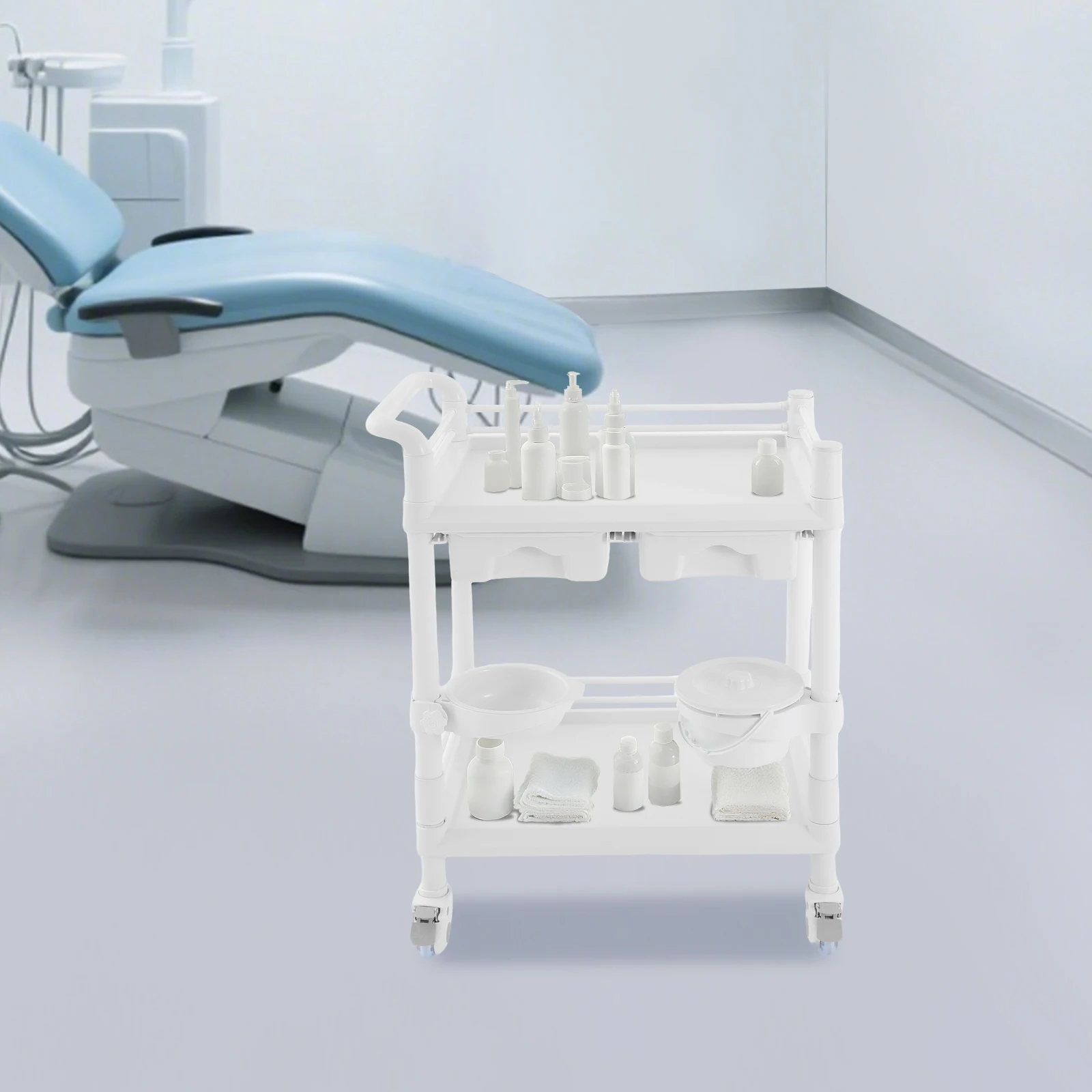 2 Tiers Medical Cart Mobile Trolley Cart Laboratory Trolley 90kg Load-Bearing Capacity for Hospitals/Beauty Salons/Offices