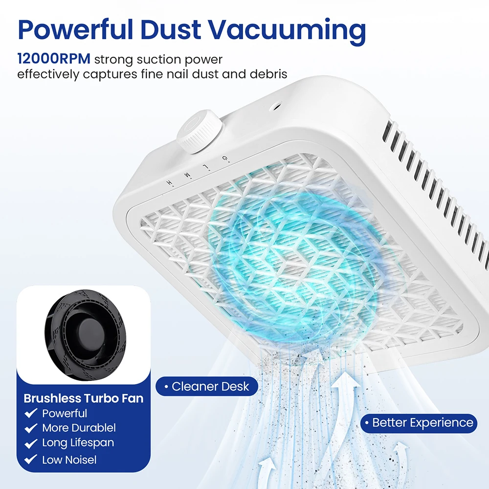 12000RPM Suction Powerful Nail Dust Collector Brushless Nail Dust Extractor Nail Art Manicure Fan Vacuum Cleaner With 2 Filter