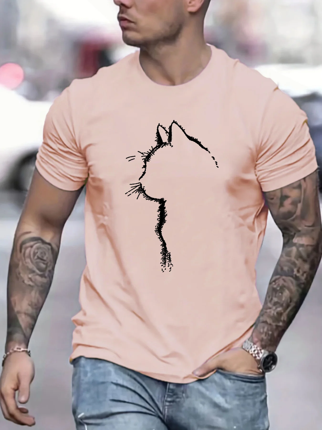 

2025 New Men's Summer Loose Fit Plus Size Versatile Fashion Casual Comfortable Cat Print Sports Round Neck Short Sleeved T-Shirt