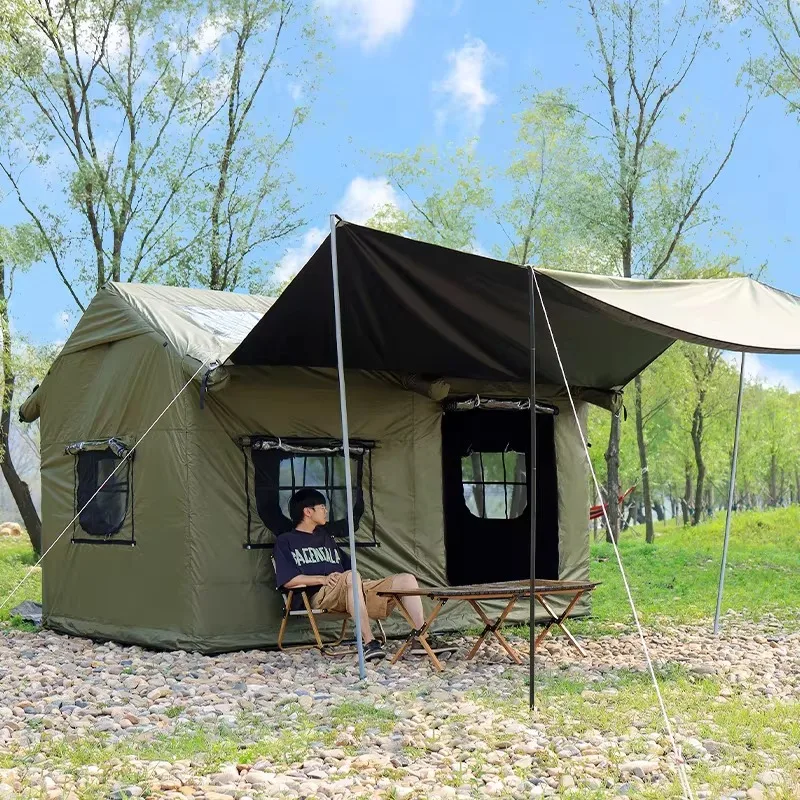 Green Inflatable Double-Layer Four-Season Camping Cabin Tent with Two Bedrooms & Living Room for 6-8 People Outdoor Use
