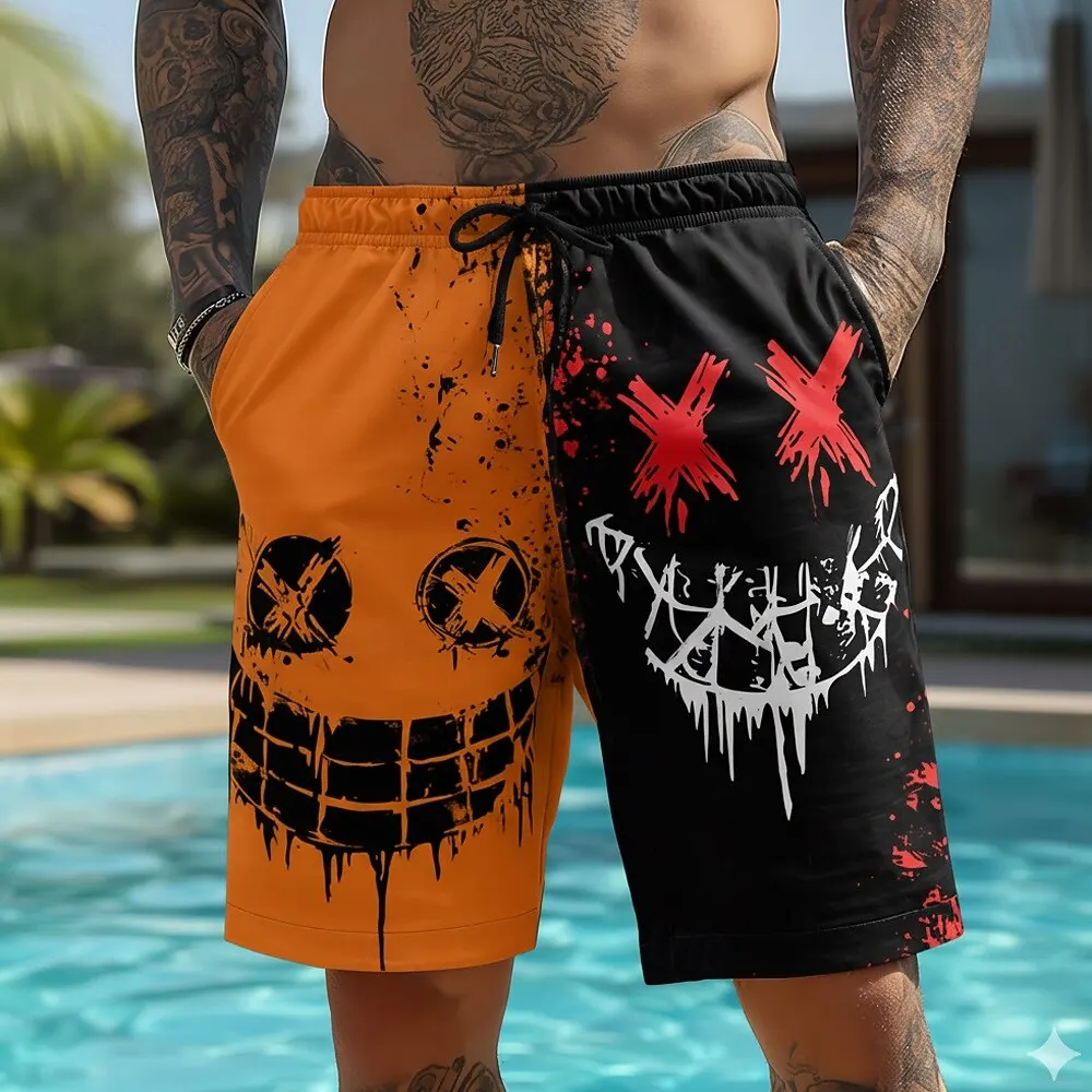 Men's Vintage Cartoon Smile Face Mid Waist Shorts with Drawstring And Side Pockets for Daily Wear Spring & Summer