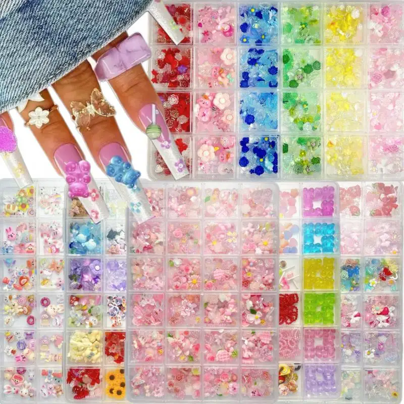 1 صندوق عشوائي مختلط الألوان الزهور الانحناء مسمار السحر الكرتون السجق الفم لطيف أرنب خنزير الراتنج مسمار الفن زينة DIY بها بنفسك مسمار