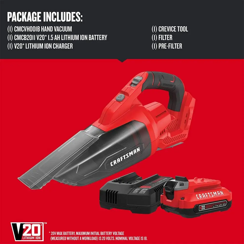 V20 Cordless Hand Vacuum 45 CFM 2 Stage Filtration System Filter Battery Charger Included CMCVH001C1