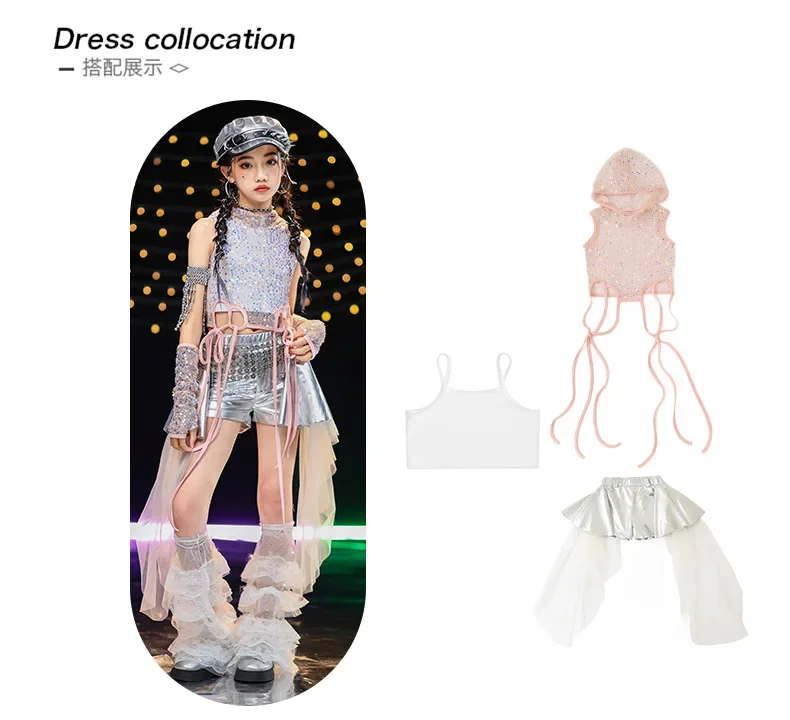 Neues Jazz-Tanzkostüm für Kinder, Mädchen-Streetdance-Paillettenweste, Lederhose, Rock, Bühnenkostüm für Auftritte – Detail 2
