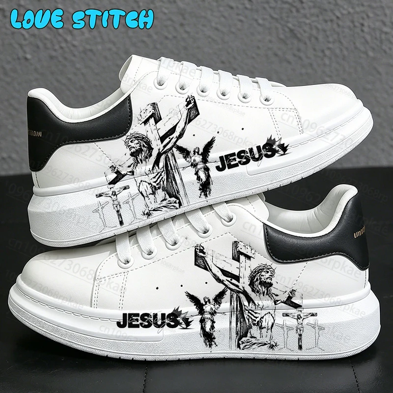 

Man Woman Jesus Black White Lines Design Adult Shoes Comfortable Wholesale Black Pattern Printing Sneakers