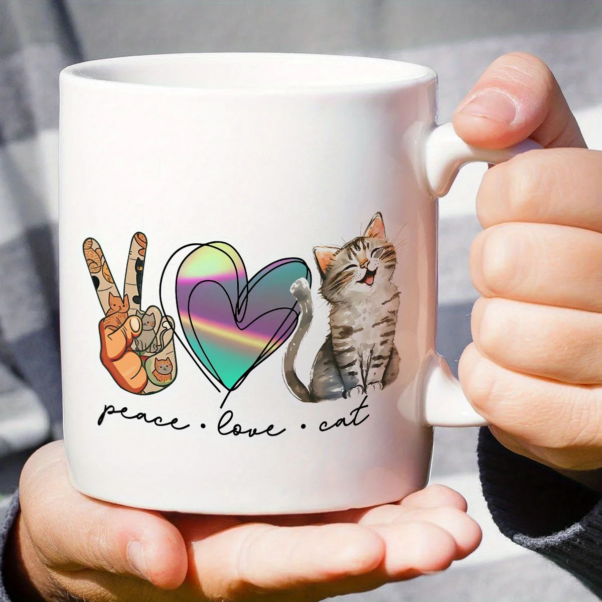 1pc, Peace Love Cat 11oz Ceramic Coffee Mug – Funny & Unique Design with Rainbow Heart & Cat Illustration, Perfect Gift for Cat