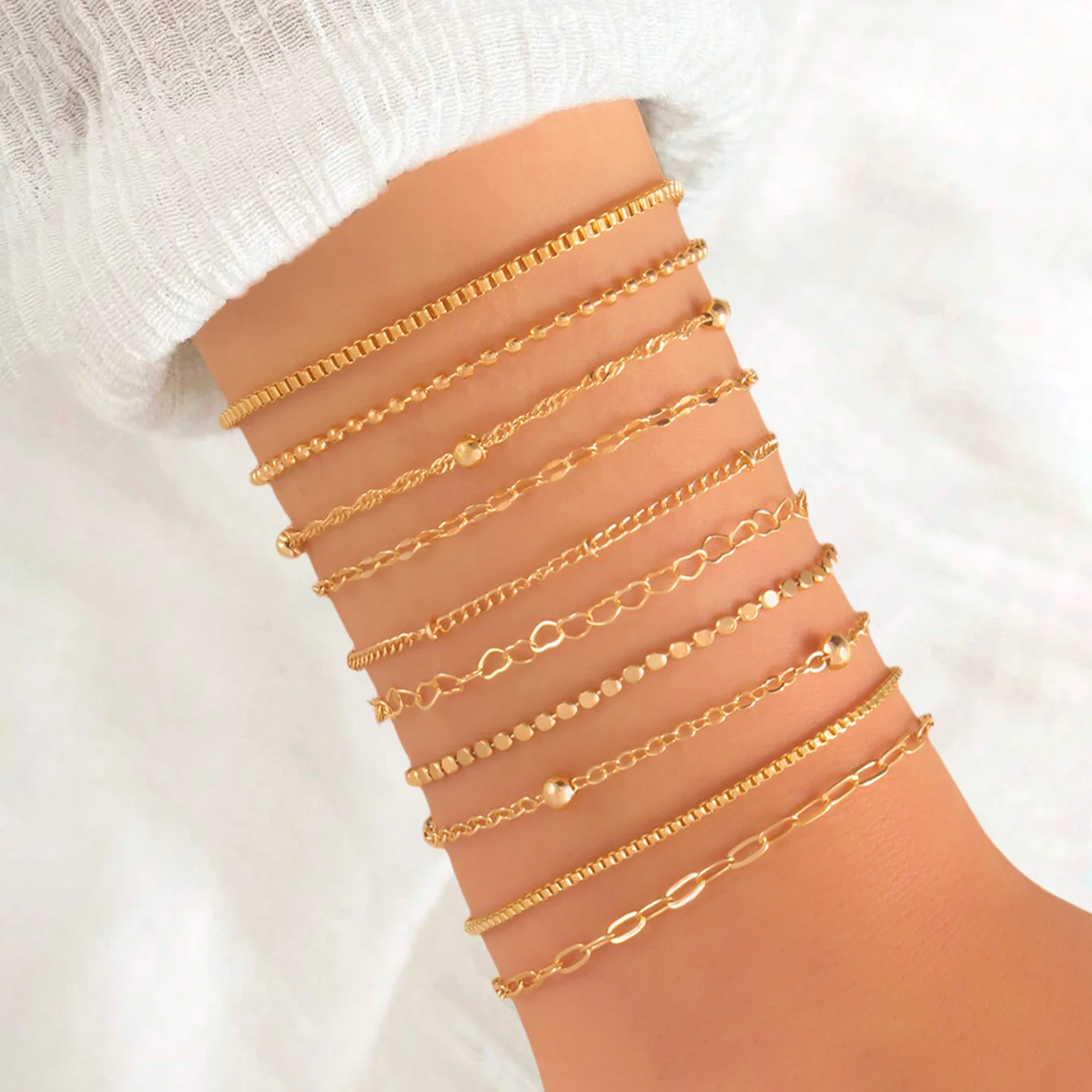 10 Pcs Vintage Statement Gold Color Flat Snake Chain Box Chain Bracelet Boho Multi-layer Metal Bracelet Women's Summer Jewelry image 2