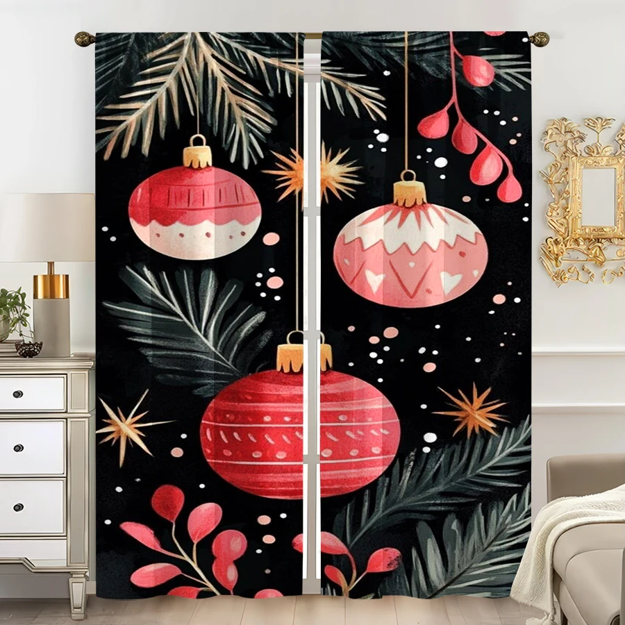 2PCS Digital Print Curtain, Pink White Christmas Ornament Balls with Pine Branches and Gold Stars on Black, for Bedroom Decor